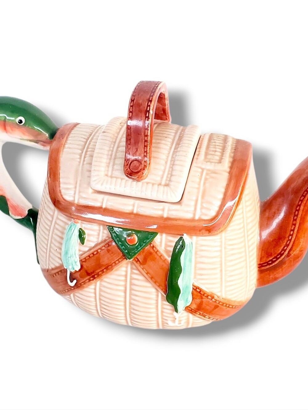 Midwest 3D Fishing Basket Teapot Fish Handle Taiwan Ceramic Whimsical Vintage